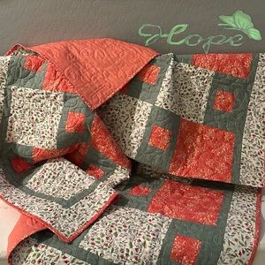 Handmade quilt 50 x 40, salmon, sage, green bumblebee design